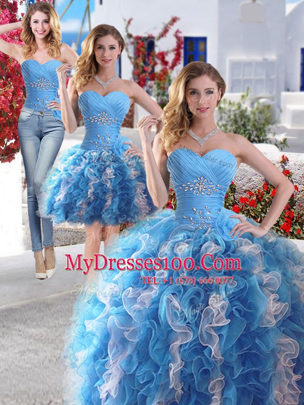 Colorful Three Piece Blue And White Organza Lace Up Sweetheart Sleeveless Floor Length Ball Gown Prom Dress Beading