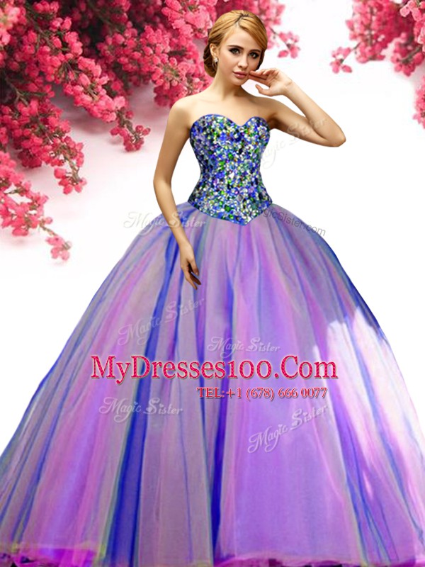 Multi-color Lace Up Sweetheart Beading Sweet 16 Dress Tulle Sleeveless