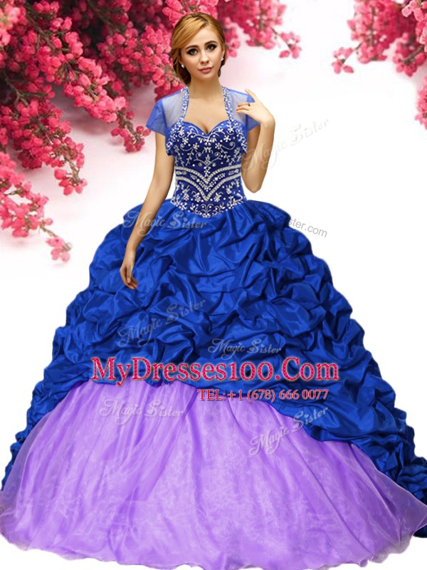 Royal Blue Sweetheart Lace Up Beading and Pick Ups Quince Ball Gowns Brush Train Sleeveless