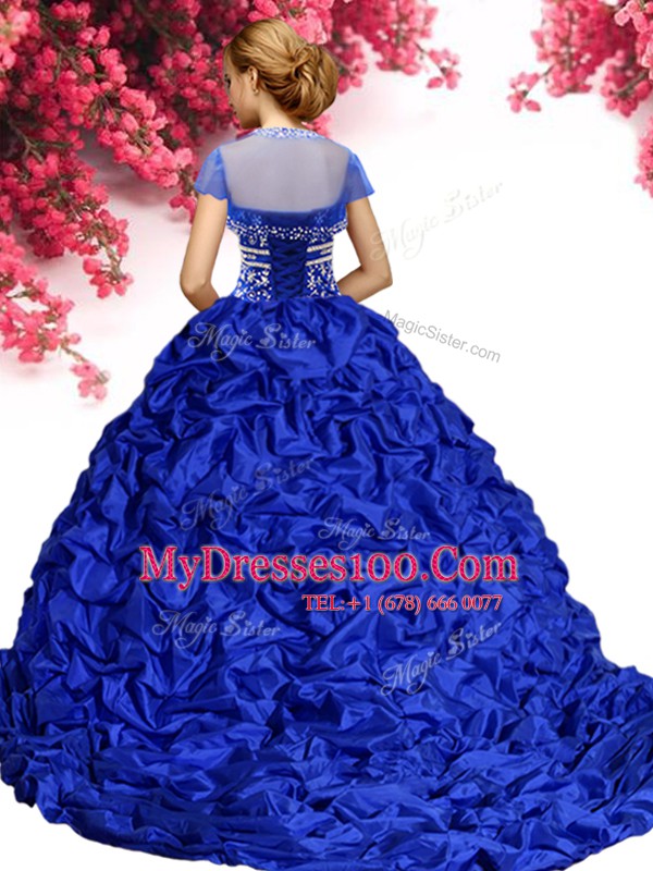 Royal Blue Sweetheart Lace Up Beading and Pick Ups Quince Ball Gowns Brush Train Sleeveless