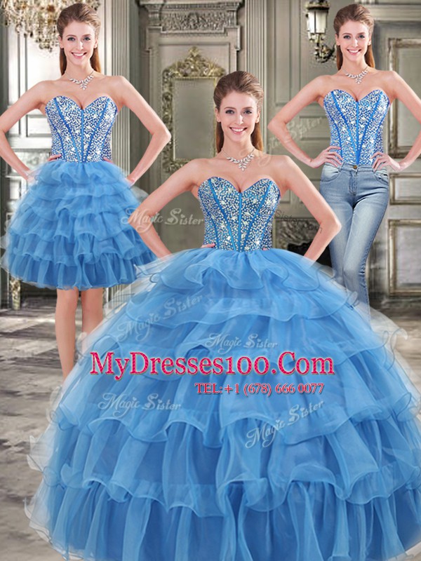 Most Popular Three Piece Blue Ball Gowns Beading and Ruffled Layers Quinceanera Dress Lace Up Organza Sleeveless Floor Length