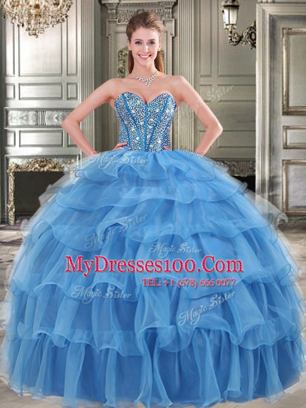Most Popular Three Piece Blue Ball Gowns Beading and Ruffled Layers Quinceanera Dress Lace Up Organza Sleeveless Floor Length