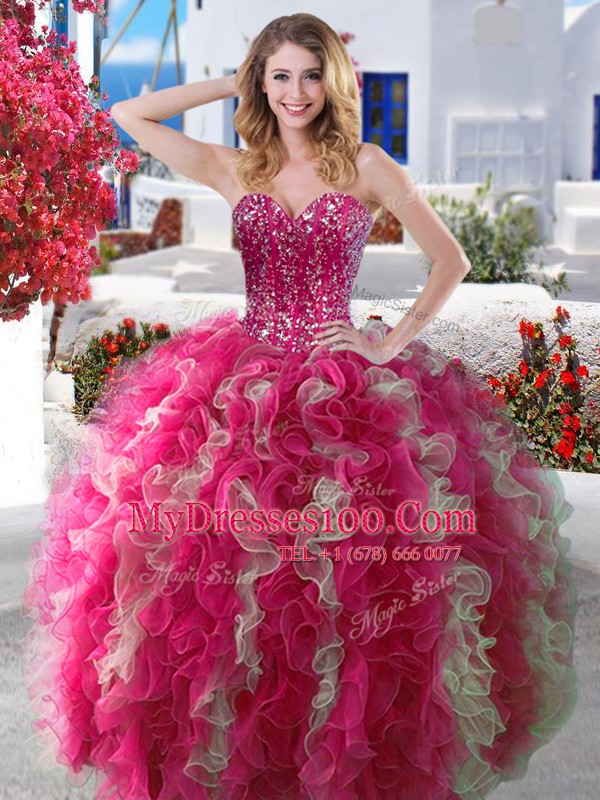 Classical Four Piece Floor Length Hot Pink Quinceanera Dress Sweetheart Sleeveless Lace Up
