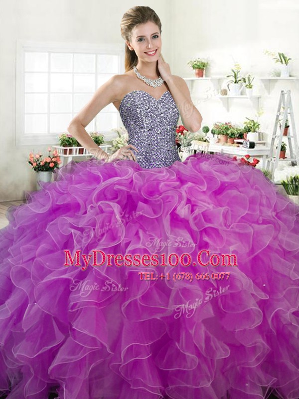Fuchsia Quinceanera Gown Military Ball and Sweet 16 and Quinceanera and For with Beading and Ruffles Sweetheart Sleeveless Lace Up
