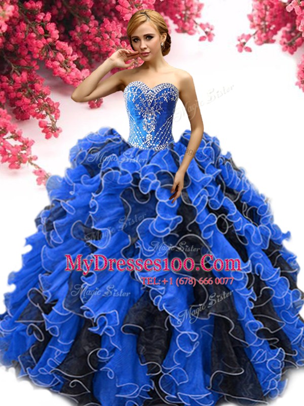 Latest Sweetheart Sleeveless 15th Birthday Dress Beading and Ruffles Blue And Black Organza