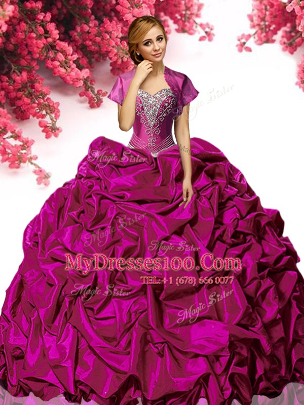 Fuchsia Sleeveless Taffeta Sweep Train Lace Up Quinceanera Dresses for Military Ball and Sweet 16 and Quinceanera