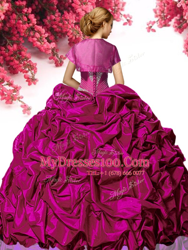 Fuchsia Sleeveless Taffeta Sweep Train Lace Up Quinceanera Dresses for Military Ball and Sweet 16 and Quinceanera