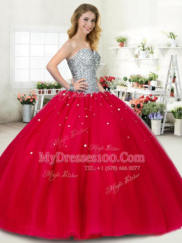 Simple Red Sweetheart Lace Up Beading Sweet 16 Dress Sleeveless