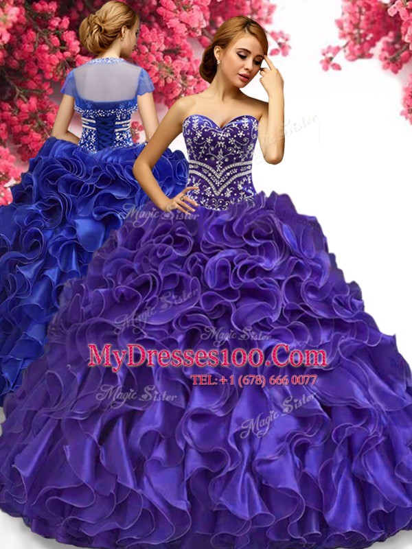Romantic Sleeveless Organza Floor Length Lace Up Quinceanera Dress in Purple with Beading and Ruffles