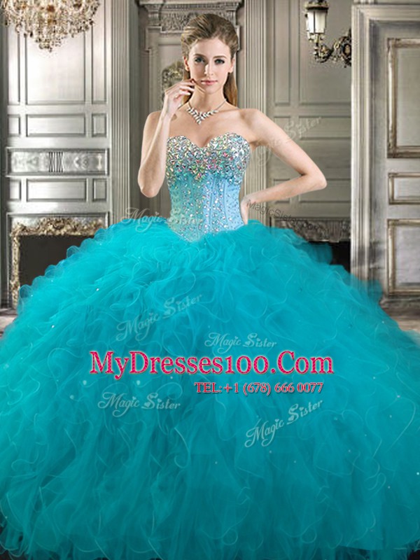 Four Piece Tulle Sweetheart Sleeveless Lace Up Beading and Ruffles Quinceanera Dress in Aqua Blue