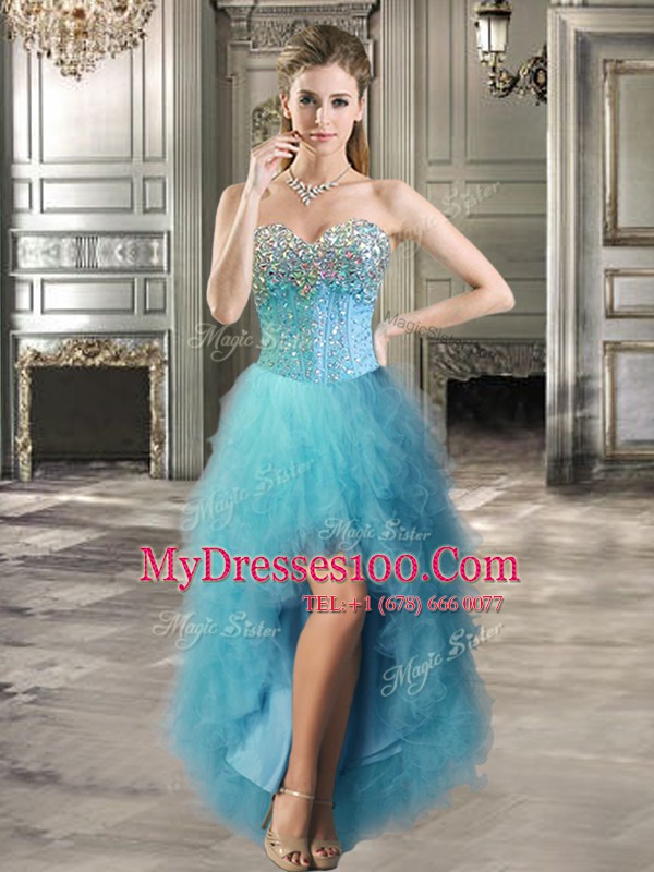 Four Piece Tulle Sweetheart Sleeveless Lace Up Beading and Ruffles Quinceanera Dress in Aqua Blue