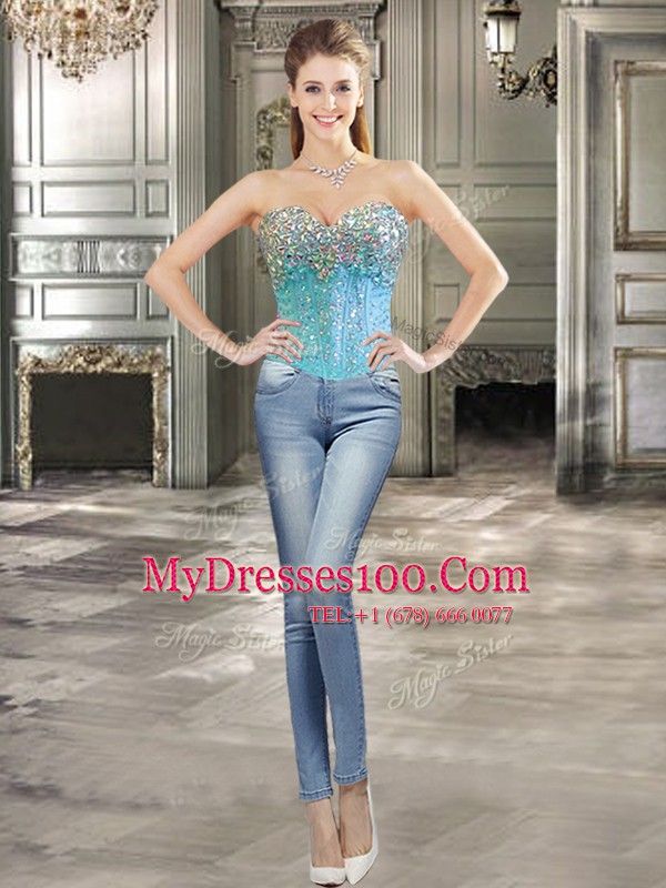 Four Piece Tulle Sweetheart Sleeveless Lace Up Beading and Ruffles Quinceanera Dress in Aqua Blue