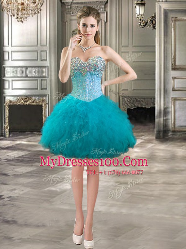 Four Piece Tulle Sweetheart Sleeveless Lace Up Beading and Ruffles Quinceanera Dress in Aqua Blue