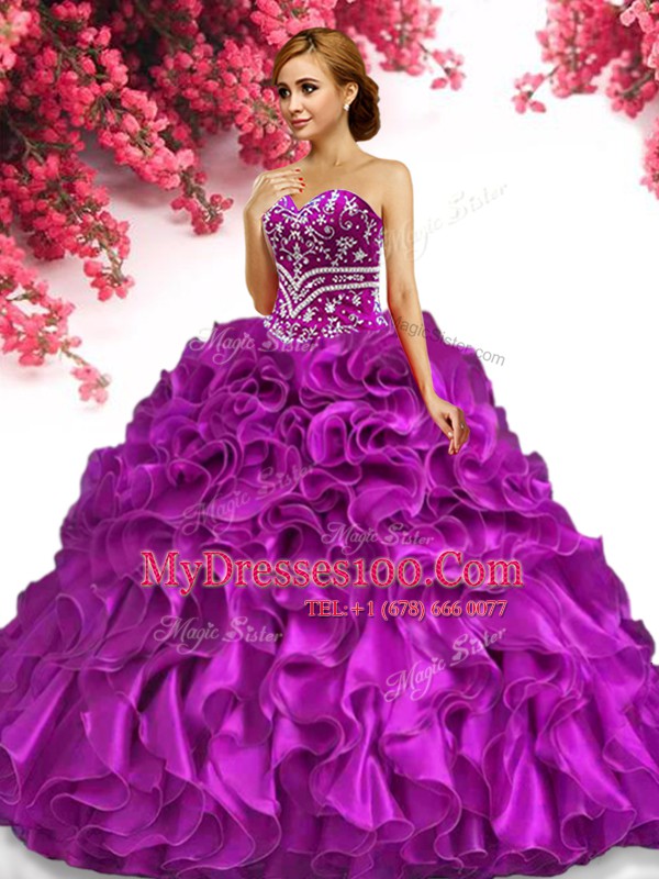 Fuchsia Sweetheart Neckline Beading and Ruffles 15th Birthday Dress Sleeveless Lace Up