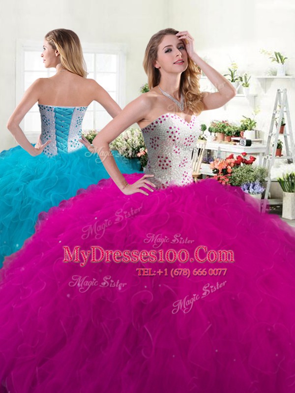 New Arrival Sweetheart Sleeveless Lace Up 15 Quinceanera Dress Fuchsia Tulle