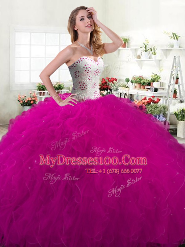 New Arrival Sweetheart Sleeveless Lace Up 15 Quinceanera Dress Fuchsia Tulle