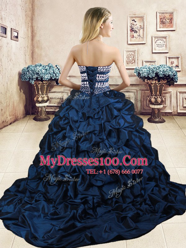 Navy Blue Lace Up Sweetheart Beading and Appliques and Ruffled Layers and Pick Ups Vestidos de Quinceanera Organza and Taffeta Sleeveless