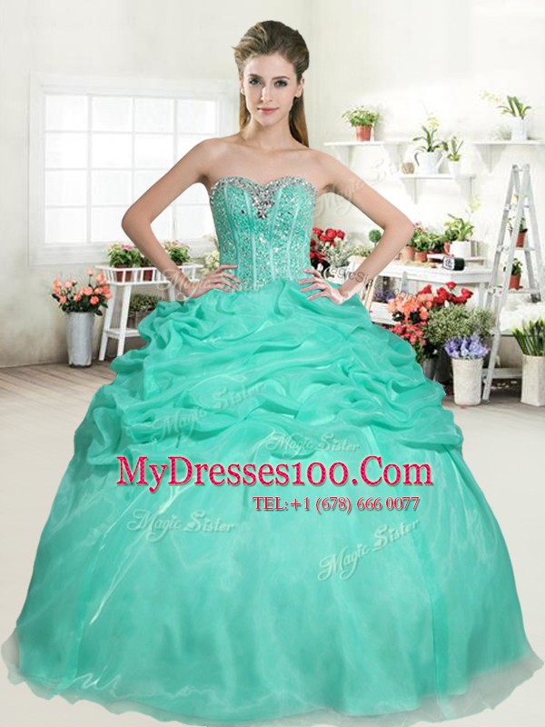 New Style Sleeveless Organza Floor Length Lace Up 15 Quinceanera Dress in Baby Blue with Beading and Pick Ups