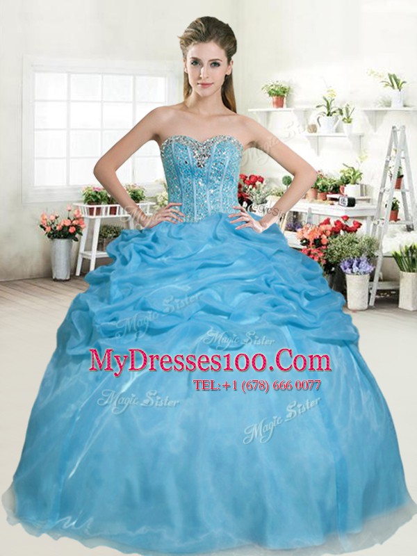 New Style Sleeveless Organza Floor Length Lace Up 15 Quinceanera Dress in Baby Blue with Beading and Pick Ups