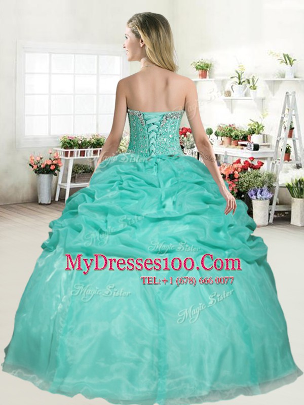 New Style Sleeveless Organza Floor Length Lace Up 15 Quinceanera Dress in Baby Blue with Beading and Pick Ups