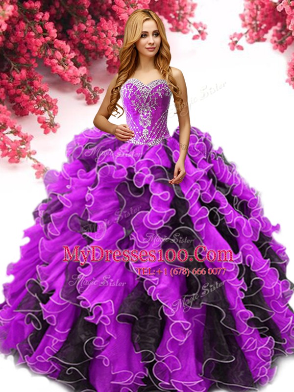 Excellent Floor Length Lace Up Sweet 16 Dress Multi-color for Military Ball and Sweet 16 and Quinceanera with Beading and Ruffles
