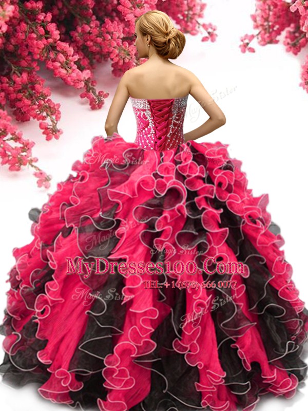 Excellent Floor Length Lace Up Sweet 16 Dress Multi-color for Military Ball and Sweet 16 and Quinceanera with Beading and Ruffles