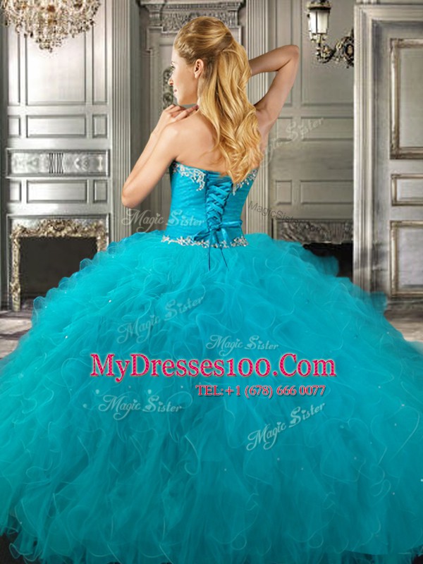 Custom Designed Four Piece Sweetheart Sleeveless Tulle Quinceanera Gown Beading and Ruffles Lace Up