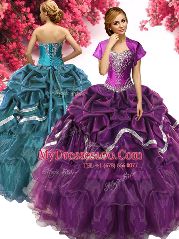 Elegant Pick Ups Dark Purple Sleeveless Organza and Taffeta Lace Up Quinceanera Dresses for Military Ball and Sweet 16 and Quinceanera