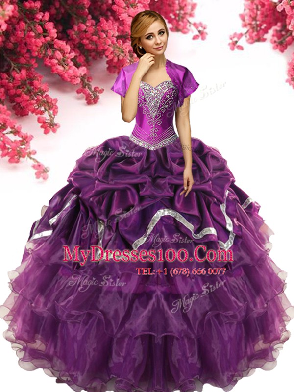 Elegant Pick Ups Dark Purple Sleeveless Organza and Taffeta Lace Up Quinceanera Dresses for Military Ball and Sweet 16 and Quinceanera