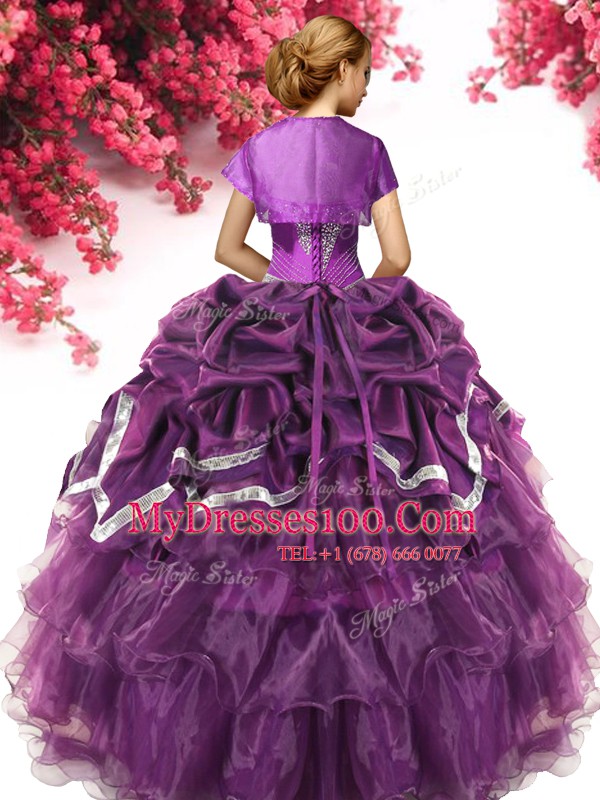 Elegant Pick Ups Dark Purple Sleeveless Organza and Taffeta Lace Up Quinceanera Dresses for Military Ball and Sweet 16 and Quinceanera