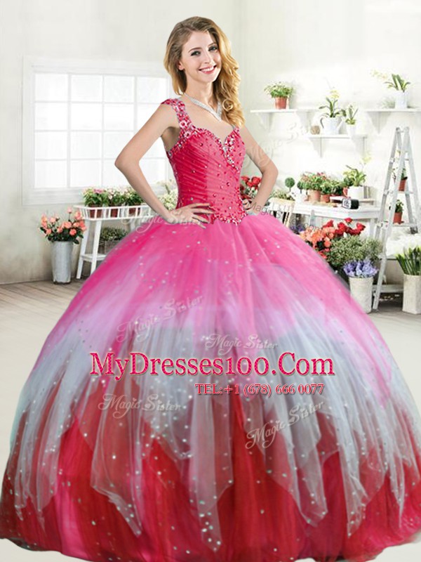 Hot Sale Straps Tulle Sleeveless Floor Length Sweet 16 Dresses and Beading and Ruffled Layers