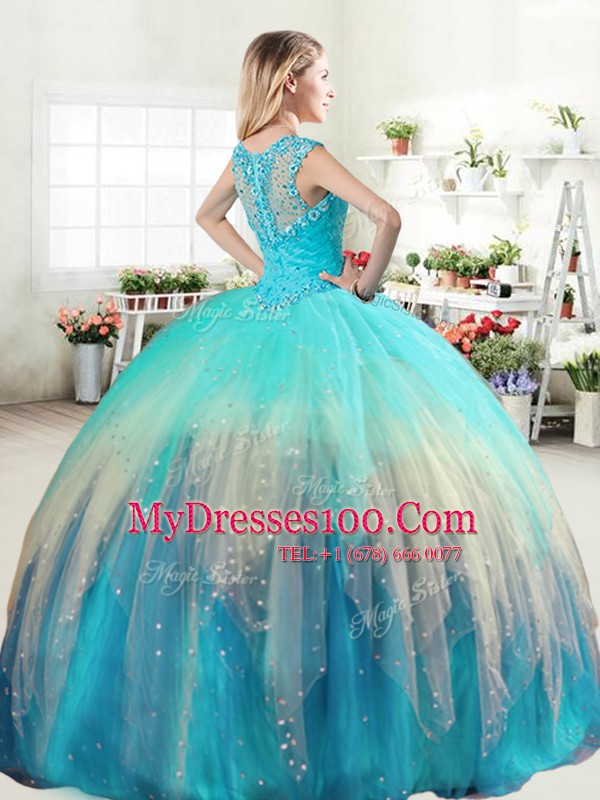 Hot Sale Straps Tulle Sleeveless Floor Length Sweet 16 Dresses and Beading and Ruffled Layers