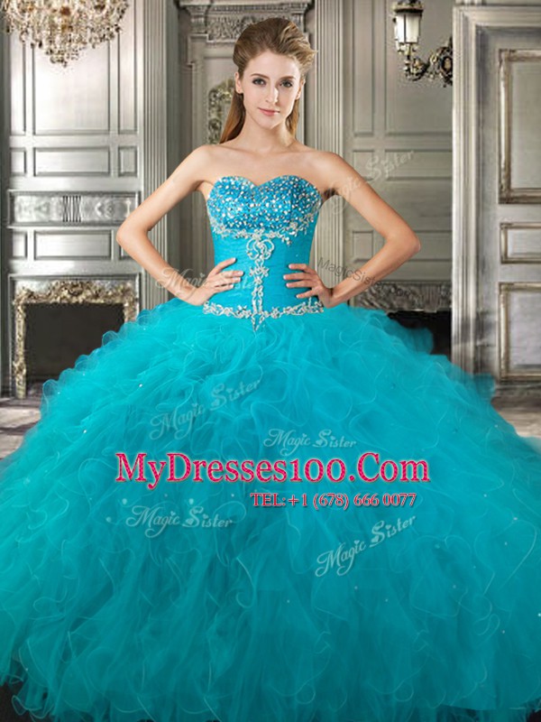 Three Piece Sweetheart Sleeveless Lace Up Quince Ball Gowns Teal Tulle
