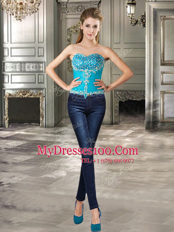 Three Piece Sweetheart Sleeveless Lace Up Quince Ball Gowns Teal Tulle