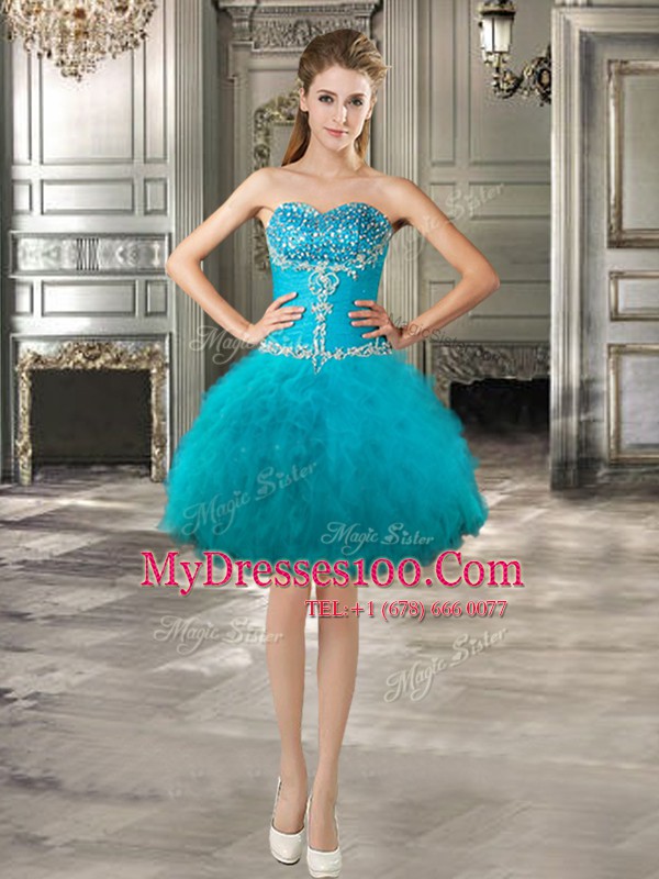 Three Piece Sweetheart Sleeveless Lace Up Quince Ball Gowns Teal Tulle