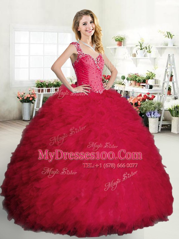 Exceptional Straps Sleeveless Ball Gown Prom Dress Floor Length Beading and Ruffles Coral Red Tulle
