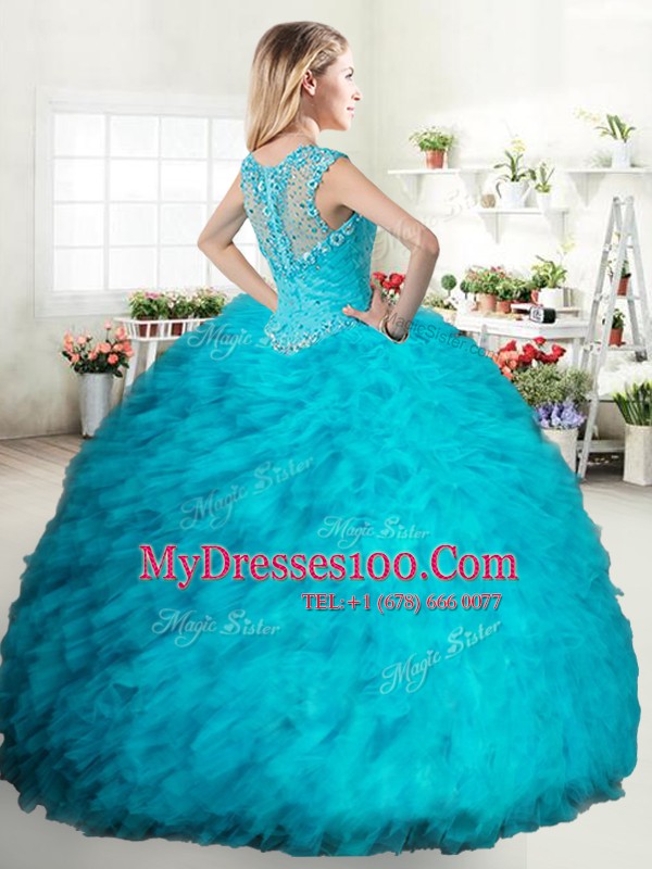 Exceptional Straps Sleeveless Ball Gown Prom Dress Floor Length Beading and Ruffles Coral Red Tulle
