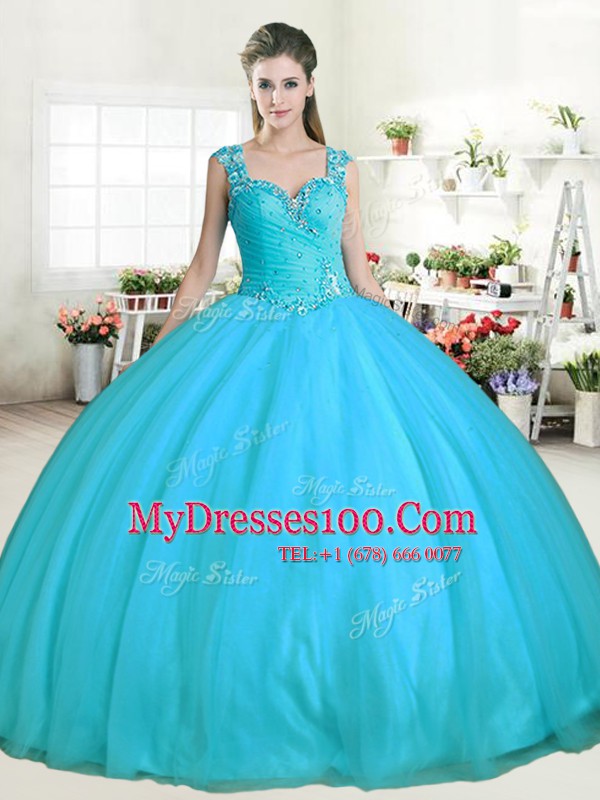 Cheap Aqua Blue Zipper Straps Beading Sweet 16 Dresses Tulle Sleeveless