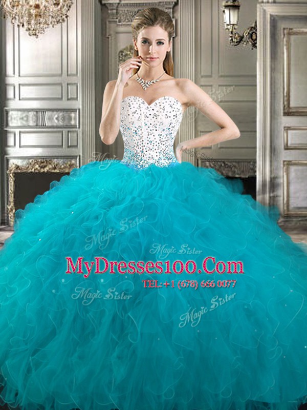 Three Piece White Ball Gowns Tulle Sweetheart Sleeveless Beading and Ruffles Floor Length Lace Up Quinceanera Gowns
