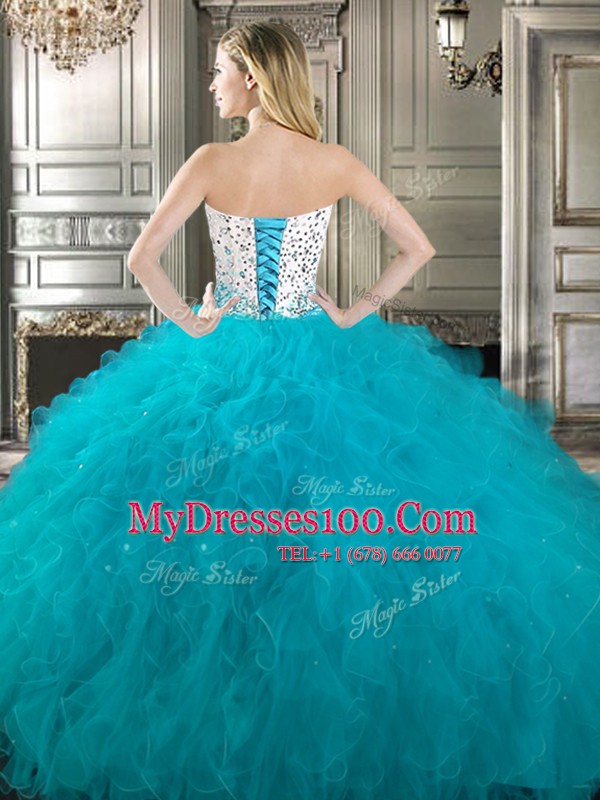 Three Piece White Ball Gowns Tulle Sweetheart Sleeveless Beading and Ruffles Floor Length Lace Up Quinceanera Gowns