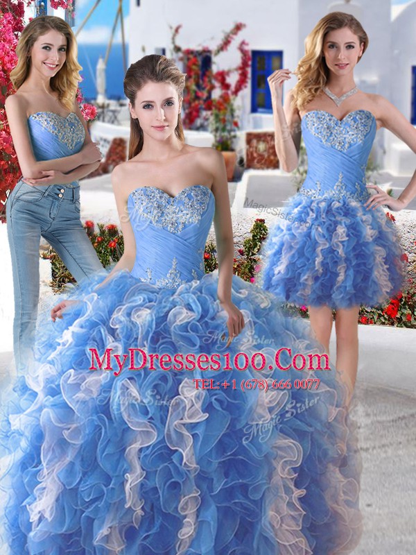 Three Piece Blue And White Ball Gowns Beading Sweet 16 Quinceanera Dress Lace Up Organza Sleeveless Floor Length