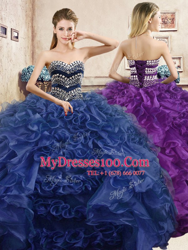 Cute Navy Blue Sleeveless Floor Length Beading and Ruffles Lace Up Quinceanera Gowns