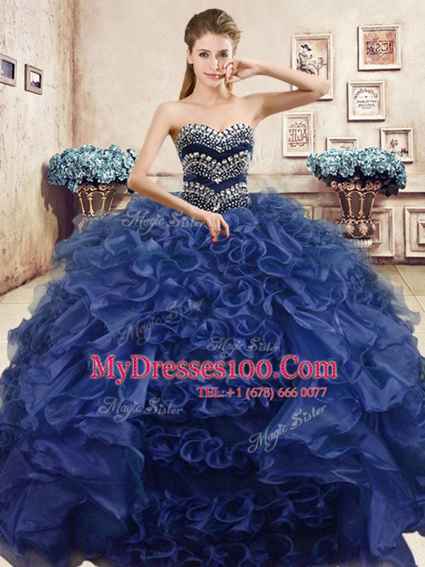 Cute Navy Blue Sleeveless Floor Length Beading and Ruffles Lace Up Quinceanera Gowns