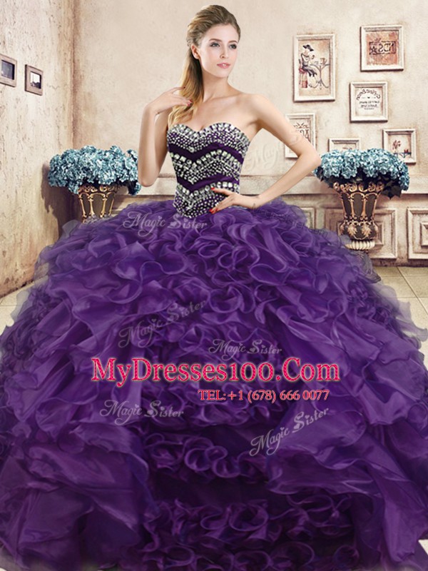 Cute Navy Blue Sleeveless Floor Length Beading and Ruffles Lace Up Quinceanera Gowns