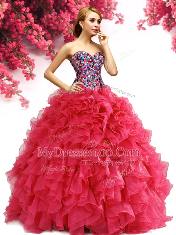 Dramatic Floor Length Lace Up Ball Gown Prom Dress Red for Military Ball and Sweet 16 and Quinceanera with Beading and Ruffles