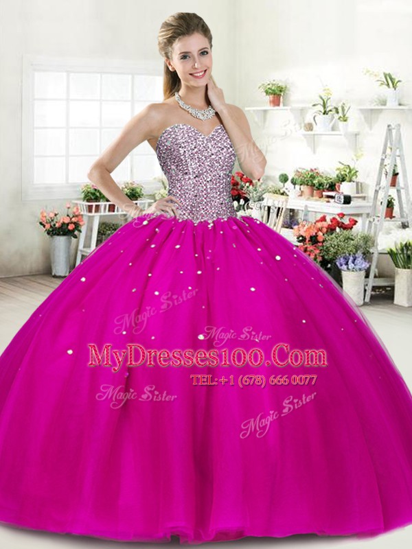 Fuchsia Lace Up Sweetheart Beading Sweet 16 Dress Tulle Sleeveless