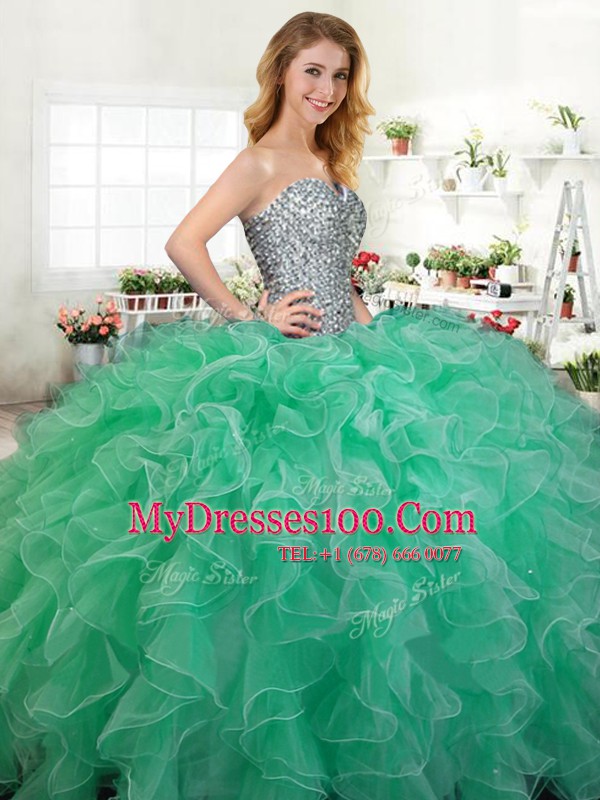 Fashionable Green Sleeveless Beading and Ruffles Floor Length Sweet 16 Dress