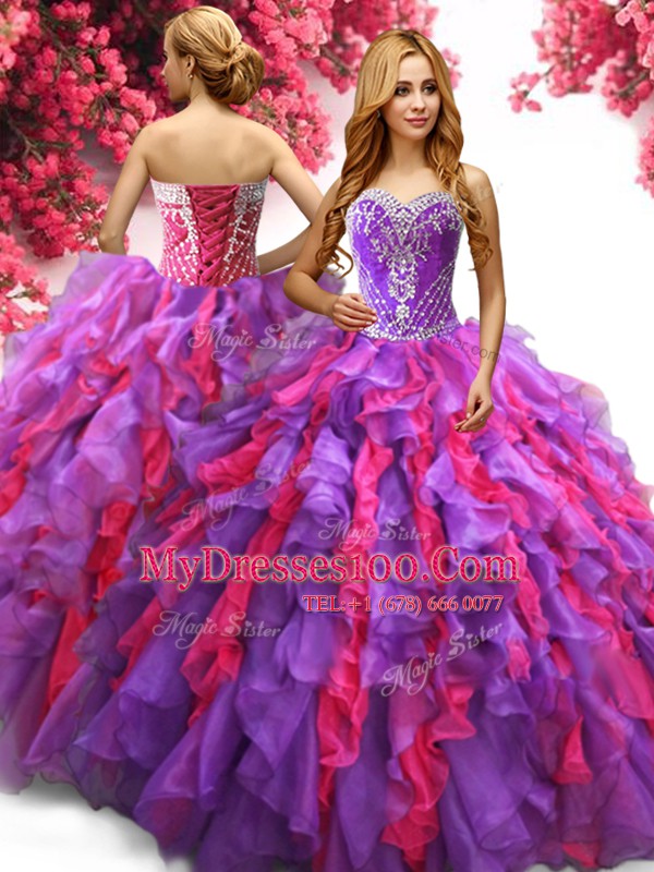Extravagant Multi-color Ball Gowns Organza Sweetheart Sleeveless Beading and Ruffles Floor Length Lace Up Quinceanera Gowns