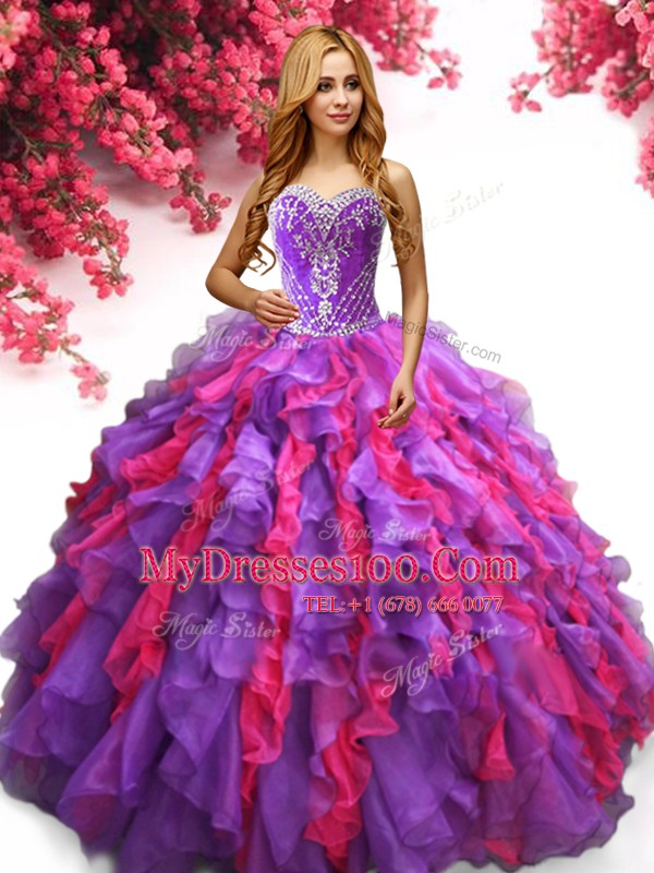 Extravagant Multi-color Ball Gowns Organza Sweetheart Sleeveless Beading and Ruffles Floor Length Lace Up Quinceanera Gowns