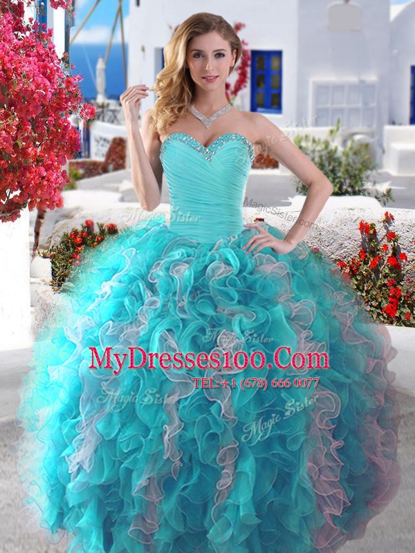 Four Piece White and Baby Blue Ball Gowns Beading Quince Ball Gowns Lace Up Organza Sleeveless Floor Length